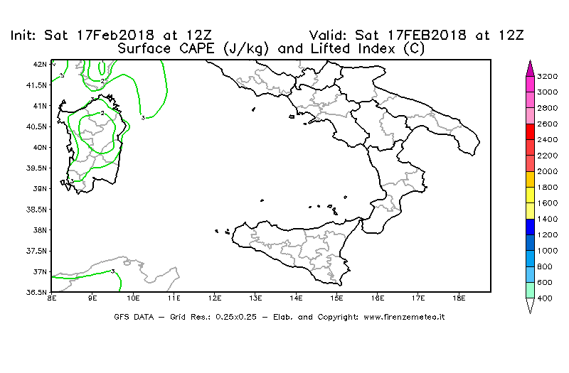 Mappa di analisi GFS - CAPE [J/kg] e Lifted Index [°C] in Sud-Italia
							del 17/02/2018 12 <!--googleoff: index-->UTC<!--googleon: index-->