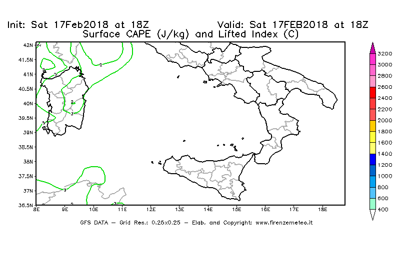 Mappa di analisi GFS - CAPE [J/kg] e Lifted Index [°C] in Sud-Italia
							del 17/02/2018 18 <!--googleoff: index-->UTC<!--googleon: index-->