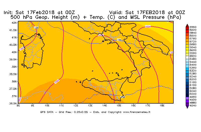 Mappa di analisi GFS - Geopotenziale [m] + Temp. [°C] a 500 hPa + Press. a livello del mare [hPa] in Sud-Italia
							del 17/02/2018 00 <!--googleoff: index-->UTC<!--googleon: index-->