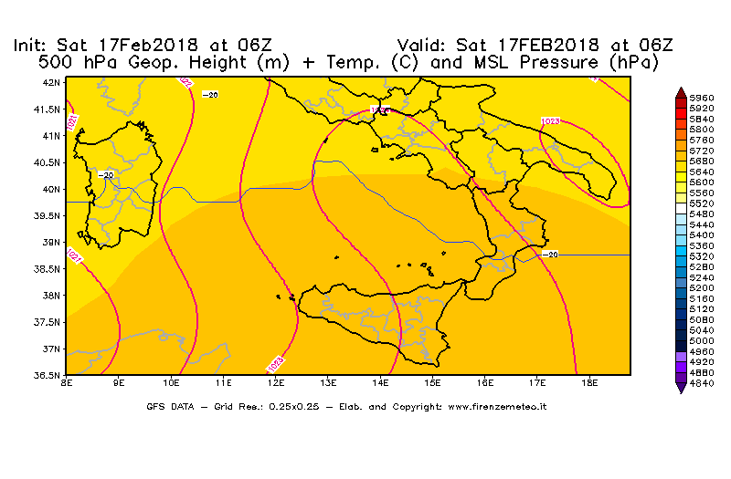 Mappa di analisi GFS - Geopotenziale [m] + Temp. [°C] a 500 hPa + Press. a livello del mare [hPa] in Sud-Italia
							del 17/02/2018 06 <!--googleoff: index-->UTC<!--googleon: index-->