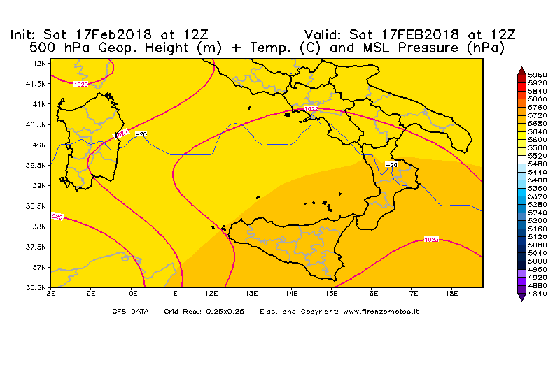 Mappa di analisi GFS - Geopotenziale [m] + Temp. [°C] a 500 hPa + Press. a livello del mare [hPa] in Sud-Italia
							del 17/02/2018 12 <!--googleoff: index-->UTC<!--googleon: index-->