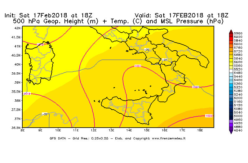 Mappa di analisi GFS - Geopotenziale [m] + Temp. [°C] a 500 hPa + Press. a livello del mare [hPa] in Sud-Italia
							del 17/02/2018 18 <!--googleoff: index-->UTC<!--googleon: index-->