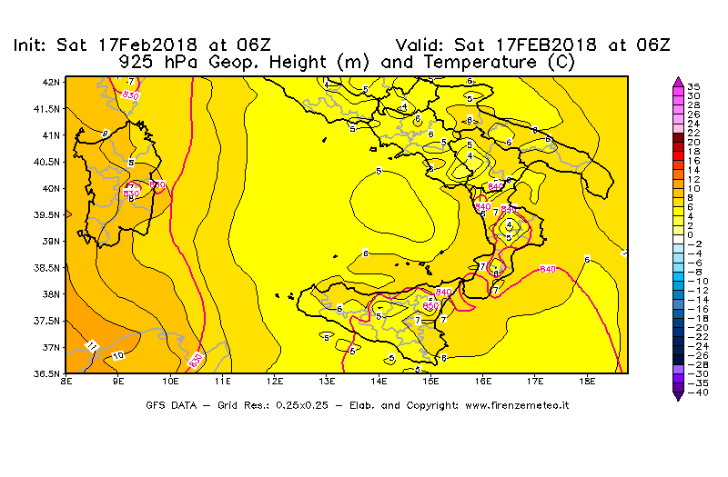 Mappa di analisi GFS - Geopotenziale [m] e Temperatura [°C] a 925 hPa in Sud-Italia
							del 17/02/2018 06 <!--googleoff: index-->UTC<!--googleon: index-->