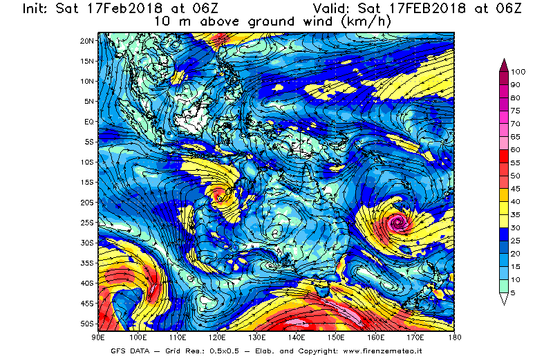 Mappa di analisi GFS - Velocità del vento a 10 metri dal suolo [km/h] in Oceania
							del 17/02/2018 06 <!--googleoff: index-->UTC<!--googleon: index-->