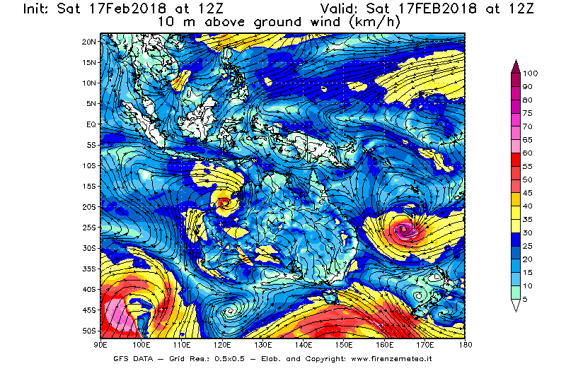 Mappa di analisi GFS - Velocità del vento a 10 metri dal suolo [km/h] in Oceania
							del 17/02/2018 12 <!--googleoff: index-->UTC<!--googleon: index-->