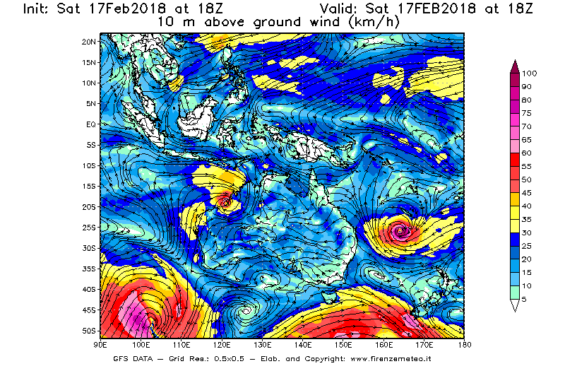 Mappa di analisi GFS - Velocità del vento a 10 metri dal suolo [km/h] in Oceania
							del 17/02/2018 18 <!--googleoff: index-->UTC<!--googleon: index-->