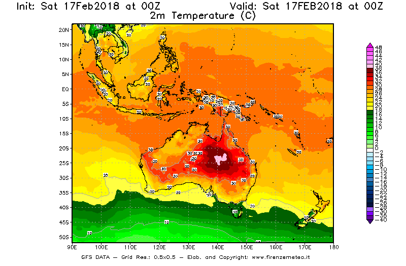 Mappa di analisi GFS - Temperatura a 2 metri dal suolo [°C] in Oceania
							del 17/02/2018 00 <!--googleoff: index-->UTC<!--googleon: index-->