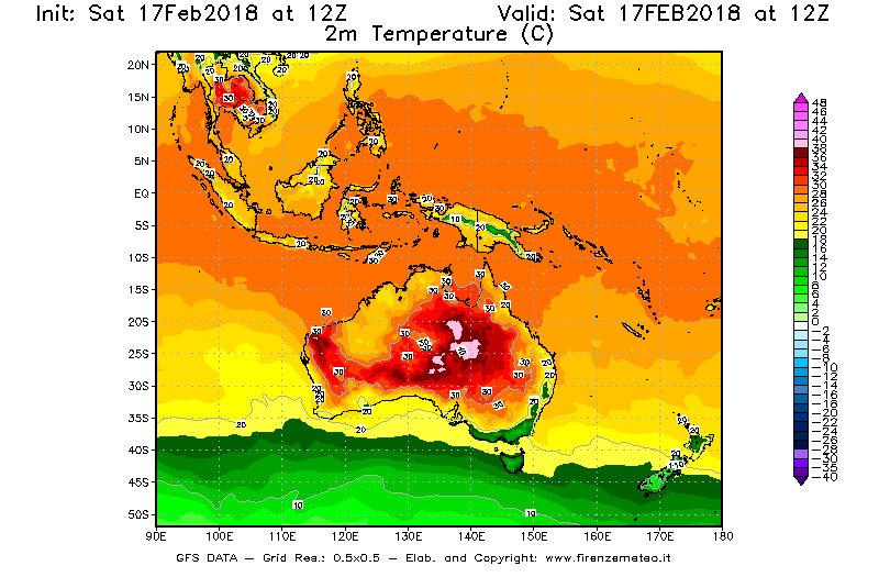 Mappa di analisi GFS - Temperatura a 2 metri dal suolo [°C] in Oceania
							del 17/02/2018 12 <!--googleoff: index-->UTC<!--googleon: index-->