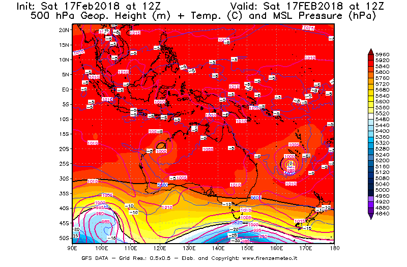 Mappa di analisi GFS - Geopotenziale [m] + Temp. [°C] a 500 hPa + Press. a livello del mare [hPa] in Oceania
							del 17/02/2018 12 <!--googleoff: index-->UTC<!--googleon: index-->