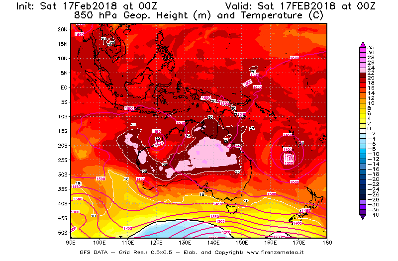 Mappa di analisi GFS - Geopotenziale [m] e Temperatura [°C] a 850 hPa in Oceania
							del 17/02/2018 00 <!--googleoff: index-->UTC<!--googleon: index-->