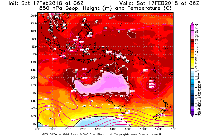 Mappa di analisi GFS - Geopotenziale [m] e Temperatura [°C] a 850 hPa in Oceania
							del 17/02/2018 06 <!--googleoff: index-->UTC<!--googleon: index-->