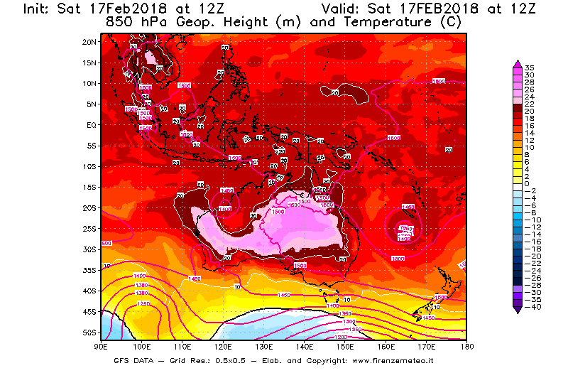 Mappa di analisi GFS - Geopotenziale [m] e Temperatura [°C] a 850 hPa in Oceania
							del 17/02/2018 12 <!--googleoff: index-->UTC<!--googleon: index-->