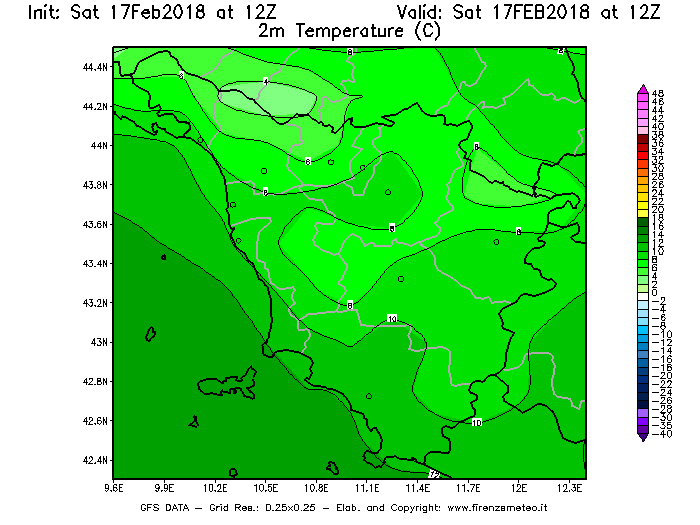 Mappa di analisi GFS - Temperatura a 2 metri dal suolo [°C] in Toscana
							del 17/02/2018 12 <!--googleoff: index-->UTC<!--googleon: index-->