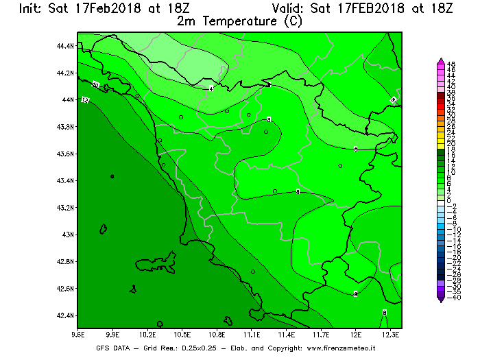 Mappa di analisi GFS - Temperatura a 2 metri dal suolo [°C] in Toscana
							del 17/02/2018 18 <!--googleoff: index-->UTC<!--googleon: index-->