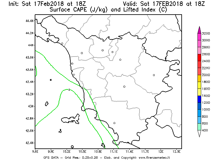 Mappa di analisi GFS - CAPE [J/kg] e Lifted Index [°C] in Toscana
							del 17/02/2018 18 <!--googleoff: index-->UTC<!--googleon: index-->