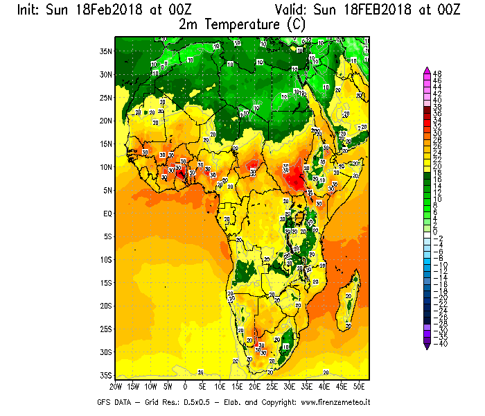 Mappa di analisi GFS - Temperatura a 2 metri dal suolo [°C] in Africa
							del 18/02/2018 00 <!--googleoff: index-->UTC<!--googleon: index-->