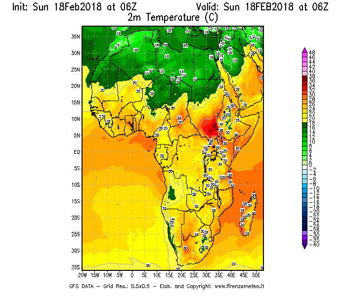 Mappa di analisi GFS - Temperatura a 2 metri dal suolo [°C] in Africa
									del 18/02/2018 06 <!--googleoff: index-->UTC<!--googleon: index-->
