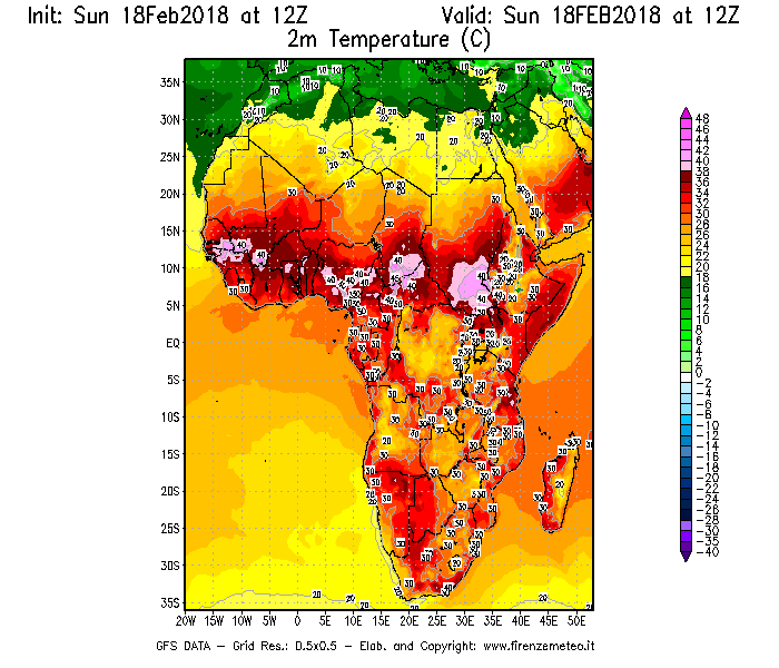 Mappa di analisi GFS - Temperatura a 2 metri dal suolo [°C] in Africa
							del 18/02/2018 12 <!--googleoff: index-->UTC<!--googleon: index-->