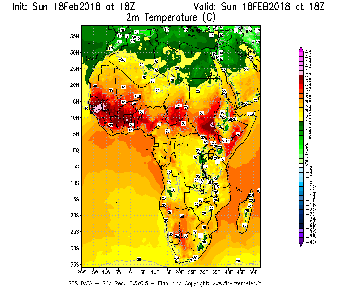 Mappa di analisi GFS - Temperatura a 2 metri dal suolo [°C] in Africa
							del 18/02/2018 18 <!--googleoff: index-->UTC<!--googleon: index-->