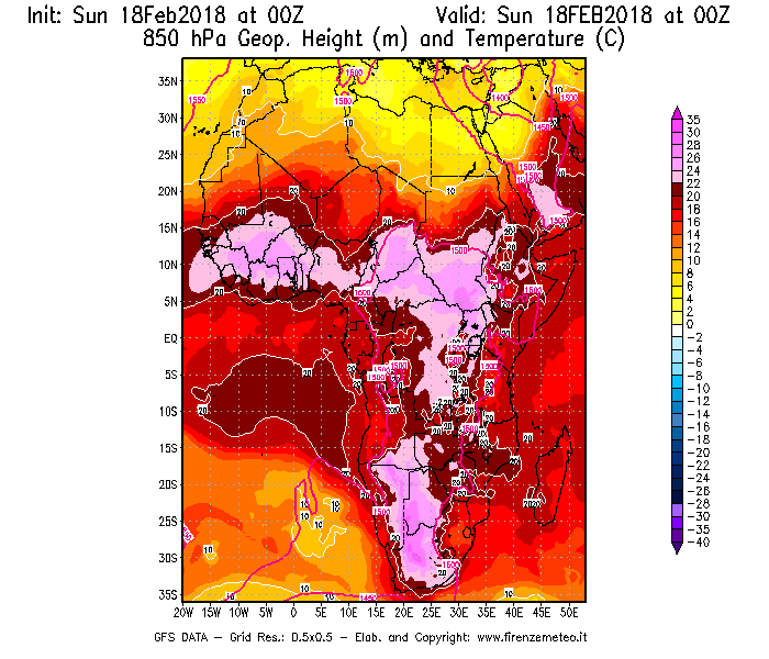 Mappa di analisi GFS - Geopotenziale [m] e Temperatura [°C] a 850 hPa in Africa
							del 18/02/2018 00 <!--googleoff: index-->UTC<!--googleon: index-->