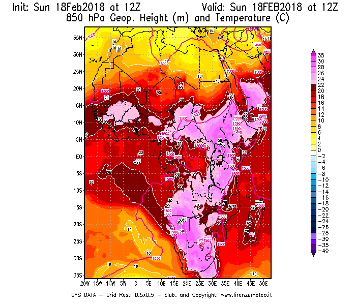 Mappa di analisi GFS - Geopotenziale [m] e Temperatura [°C] a 850 hPa in Africa
							del 18/02/2018 12 <!--googleoff: index-->UTC<!--googleon: index-->