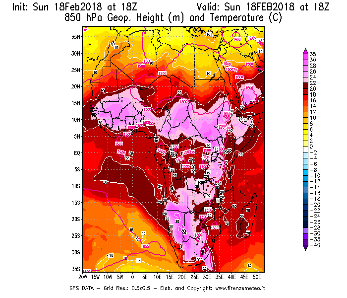 Mappa di analisi GFS - Geopotenziale [m] e Temperatura [°C] a 850 hPa in Africa
									del 18/02/2018 18 <!--googleoff: index-->UTC<!--googleon: index-->