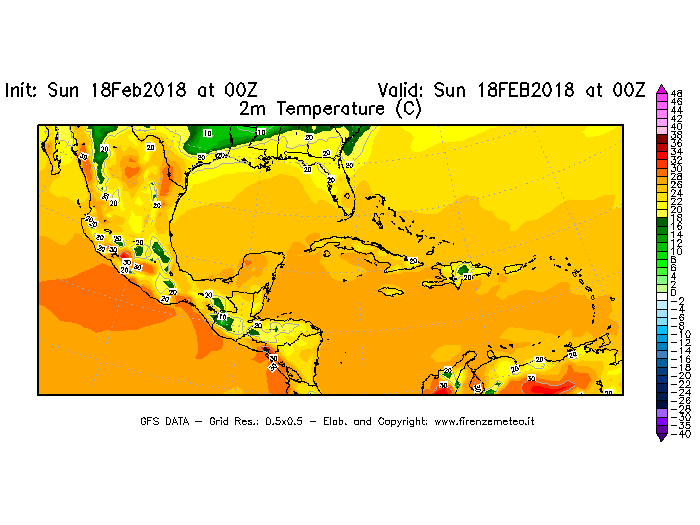 Mappa di analisi GFS - Temperatura a 2 metri dal suolo [°C] in Centro-America
									del 18/02/2018 00 <!--googleoff: index-->UTC<!--googleon: index-->