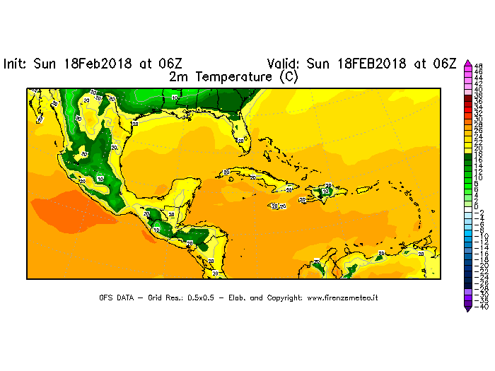 Mappa di analisi GFS - Temperatura a 2 metri dal suolo [°C] in Centro-America
									del 18/02/2018 06 <!--googleoff: index-->UTC<!--googleon: index-->