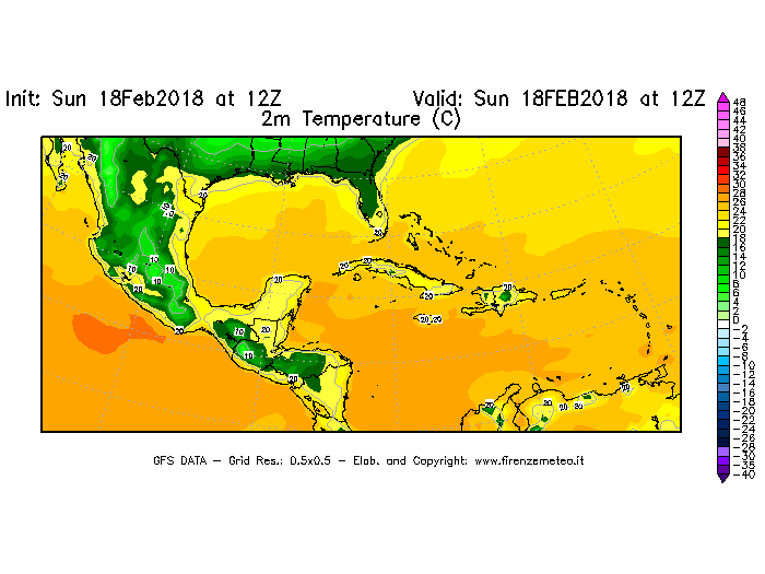 Mappa di analisi GFS - Temperatura a 2 metri dal suolo [°C] in Centro-America
							del 18/02/2018 12 <!--googleoff: index-->UTC<!--googleon: index-->