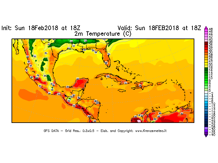 Mappa di analisi GFS - Temperatura a 2 metri dal suolo [°C] in Centro-America
							del 18/02/2018 18 <!--googleoff: index-->UTC<!--googleon: index-->