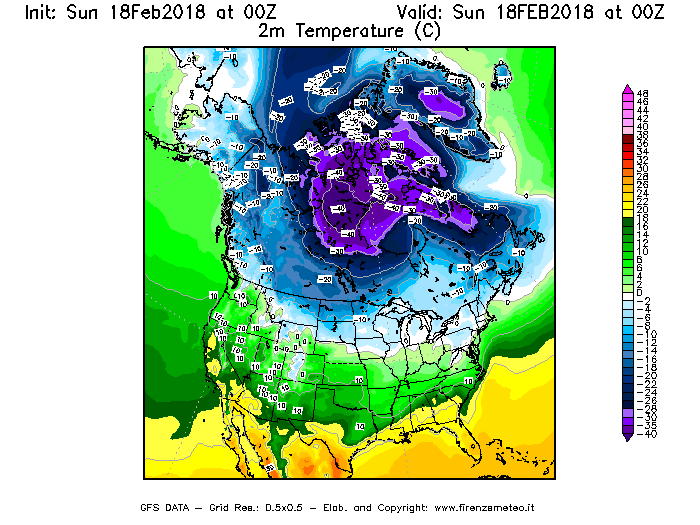 Mappa di analisi GFS - Temperatura a 2 metri dal suolo [°C] in Nord-America
									del 18/02/2018 00 <!--googleoff: index-->UTC<!--googleon: index-->