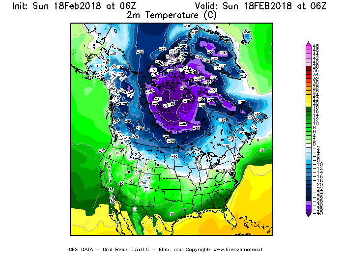 Mappa di analisi GFS - Temperatura a 2 metri dal suolo [°C] in Nord-America
									del 18/02/2018 06 <!--googleoff: index-->UTC<!--googleon: index-->