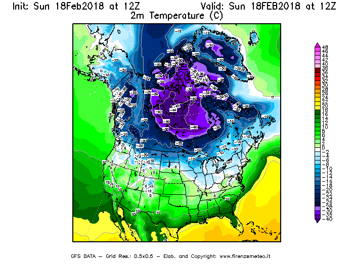 Mappa di analisi GFS - Temperatura a 2 metri dal suolo [°C] in Nord-America
									del 18/02/2018 12 <!--googleoff: index-->UTC<!--googleon: index-->