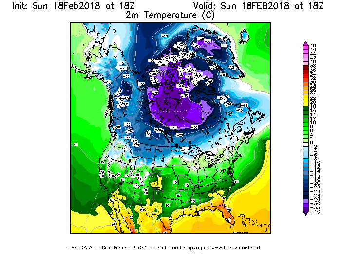 Mappa di analisi GFS - Temperatura a 2 metri dal suolo [°C] in Nord-America
									del 18/02/2018 18 <!--googleoff: index-->UTC<!--googleon: index-->