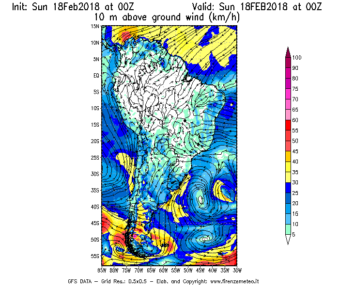 Mappa di analisi GFS - Velocità del vento a 10 metri dal suolo [km/h] in Sud-America
									del 18/02/2018 00 <!--googleoff: index-->UTC<!--googleon: index-->