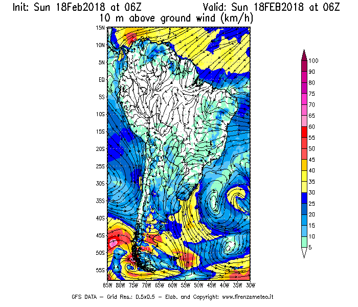 Mappa di analisi GFS - Velocità del vento a 10 metri dal suolo [km/h] in Sud-America
							del 18/02/2018 06 <!--googleoff: index-->UTC<!--googleon: index-->