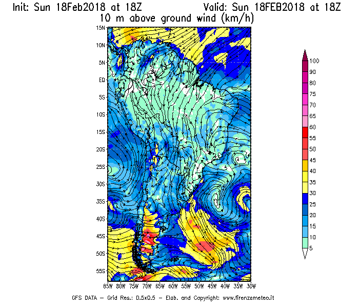 Mappa di analisi GFS - Velocità del vento a 10 metri dal suolo [km/h] in Sud-America
									del 18/02/2018 18 <!--googleoff: index-->UTC<!--googleon: index-->