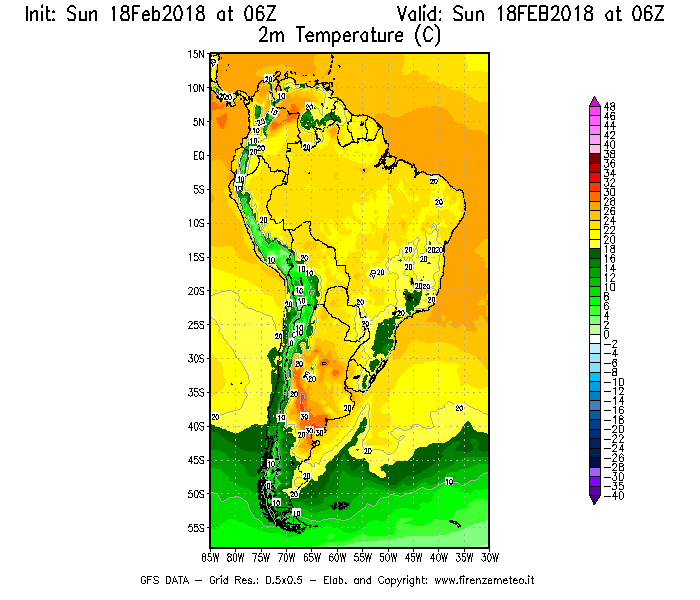 Mappa di analisi GFS - Temperatura a 2 metri dal suolo [°C] in Sud-America
							del 18/02/2018 06 <!--googleoff: index-->UTC<!--googleon: index-->