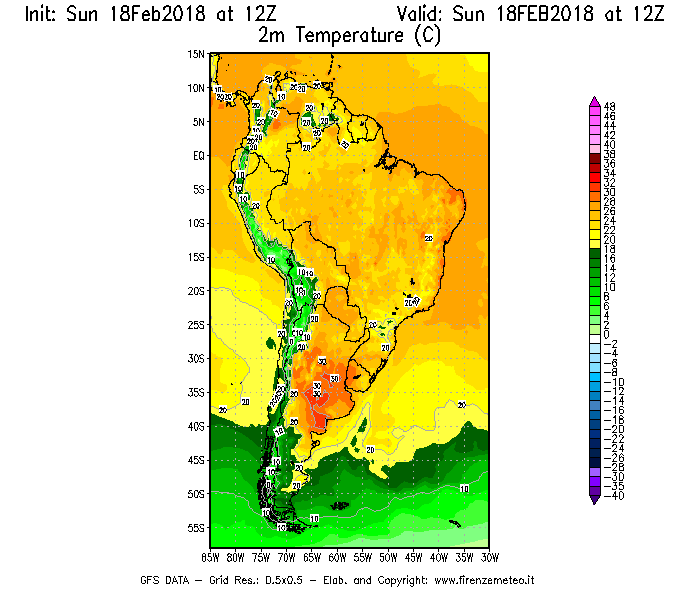 Mappa di analisi GFS - Temperatura a 2 metri dal suolo [°C] in Sud-America
							del 18/02/2018 12 <!--googleoff: index-->UTC<!--googleon: index-->