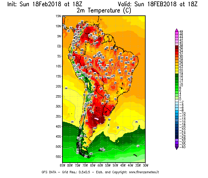 Mappa di analisi GFS - Temperatura a 2 metri dal suolo [°C] in Sud-America
							del 18/02/2018 18 <!--googleoff: index-->UTC<!--googleon: index-->