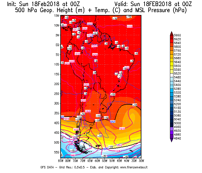 Mappa di analisi GFS - Geopotenziale [m] + Temp. [°C] a 500 hPa + Press. a livello del mare [hPa] in Sud-America
									del 18/02/2018 00 <!--googleoff: index-->UTC<!--googleon: index-->