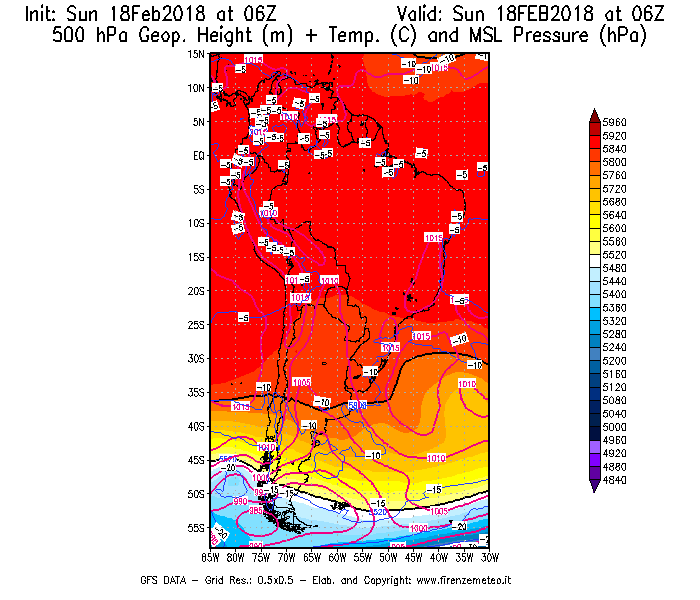 Mappa di analisi GFS - Geopotenziale [m] + Temp. [°C] a 500 hPa + Press. a livello del mare [hPa] in Sud-America
							del 18/02/2018 06 <!--googleoff: index-->UTC<!--googleon: index-->