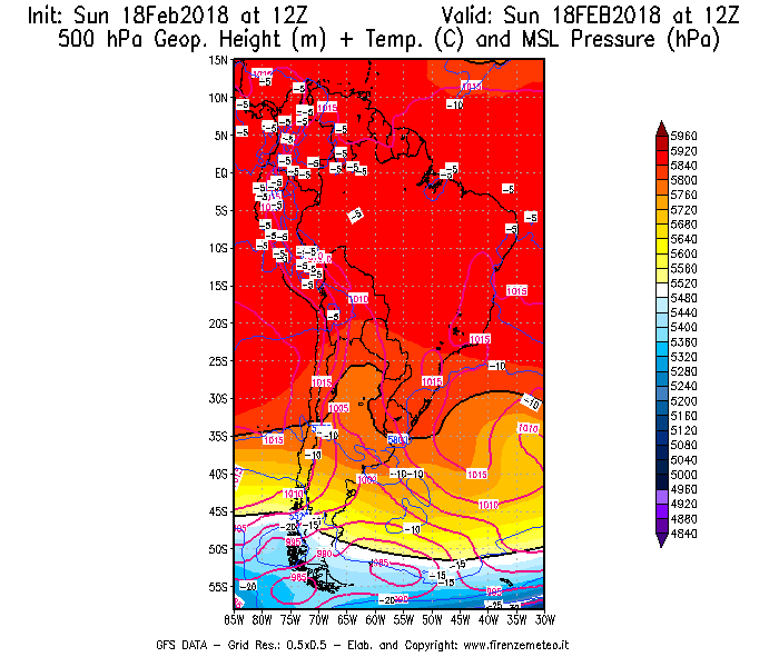 Mappa di analisi GFS - Geopotenziale [m] + Temp. [°C] a 500 hPa + Press. a livello del mare [hPa] in Sud-America
									del 18/02/2018 12 <!--googleoff: index-->UTC<!--googleon: index-->