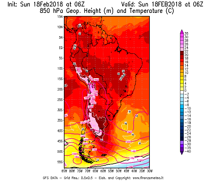 Mappa di analisi GFS - Geopotenziale [m] e Temperatura [°C] a 850 hPa in Sud-America
									del 18/02/2018 06 <!--googleoff: index-->UTC<!--googleon: index-->