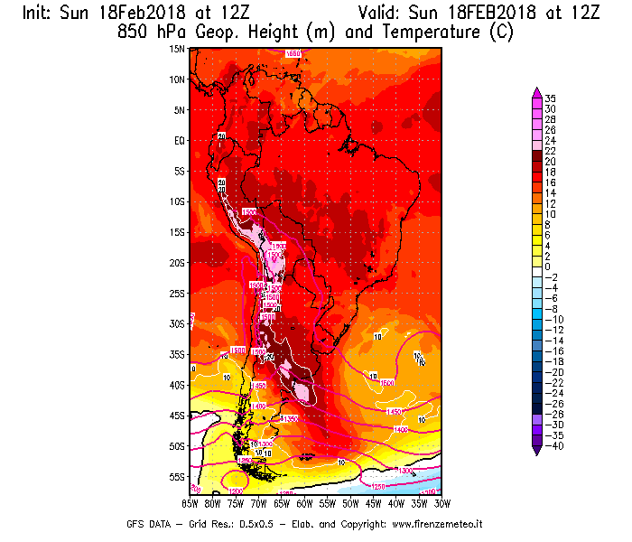 Mappa di analisi GFS - Geopotenziale [m] e Temperatura [°C] a 850 hPa in Sud-America
							del 18/02/2018 12 <!--googleoff: index-->UTC<!--googleon: index-->