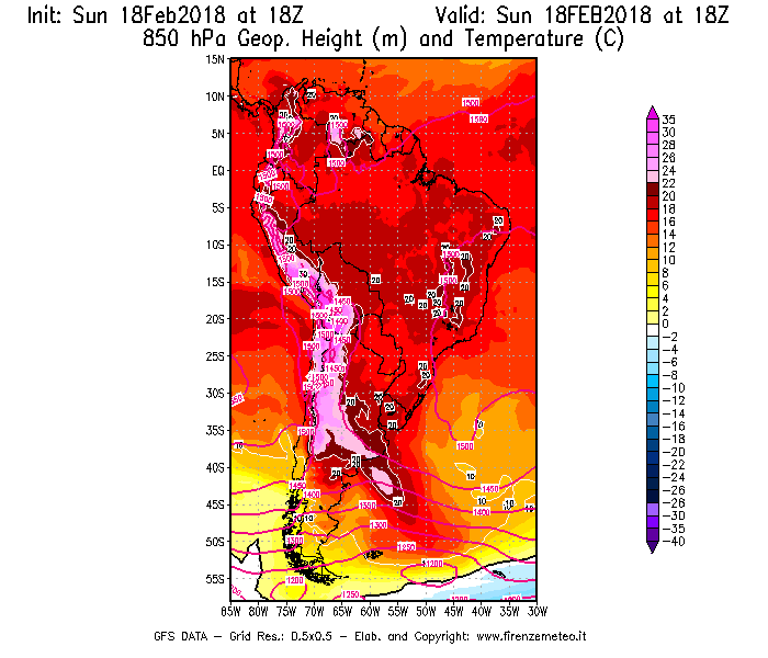 Mappa di analisi GFS - Geopotenziale [m] e Temperatura [°C] a 850 hPa in Sud-America
							del 18/02/2018 18 <!--googleoff: index-->UTC<!--googleon: index-->