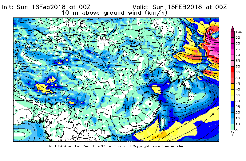 Mappa di analisi GFS - Velocità del vento a 10 metri dal suolo [km/h] in Asia Orientale
							del 18/02/2018 00 <!--googleoff: index-->UTC<!--googleon: index-->