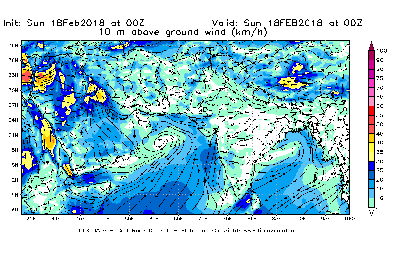 Mappa di analisi GFS - Velocità del vento a 10 metri dal suolo [km/h] in Asia Sud-Occidentale
									del 18/02/2018 00 <!--googleoff: index-->UTC<!--googleon: index-->