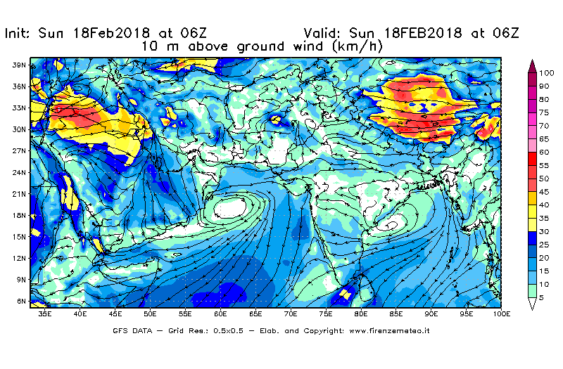 Mappa di analisi GFS - Velocità del vento a 10 metri dal suolo [km/h] in Asia Sud-Occidentale
							del 18/02/2018 06 <!--googleoff: index-->UTC<!--googleon: index-->