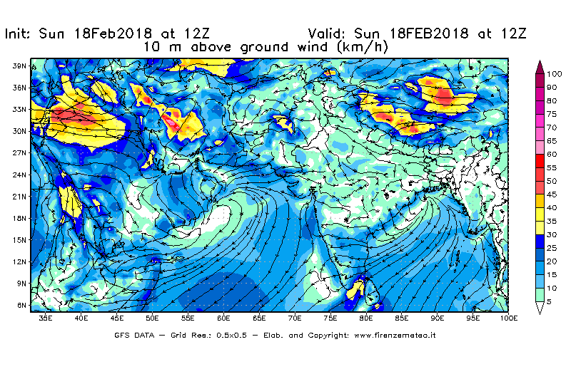 Mappa di analisi GFS - Velocità del vento a 10 metri dal suolo [km/h] in Asia Sud-Occidentale
							del 18/02/2018 12 <!--googleoff: index-->UTC<!--googleon: index-->